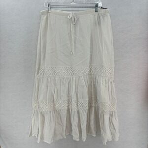 Elementz White Lace Trim Tiered Maxi Skirt LARGE Boho Casual Travel Cotton
